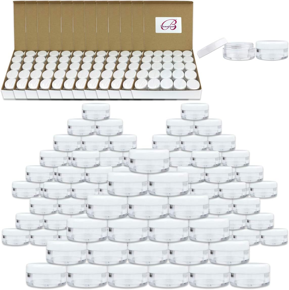 (2000 Pcs) Beauticom 5G/5ML Round Clear Jars with White Lids for Acrylic Powder, Rhinestones, Charms and Other Nail Accessories - BPA Free