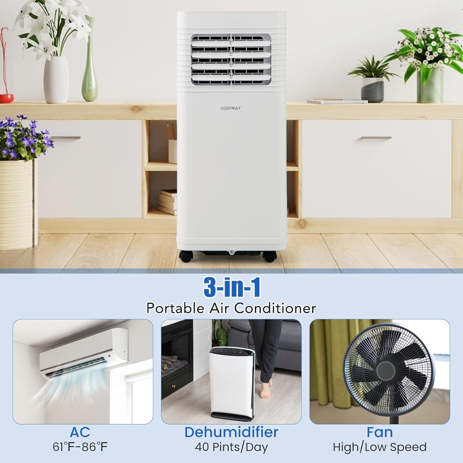 COSTWAY Portable Air Conditioner, 8000 BTU Air Conditioner with Fan & Dehumidifier, 24H Timer & Remote Control, Window Installation Kit, AC Unit Cools Rooms up to 250 Sq.Ft (8000 BTU)