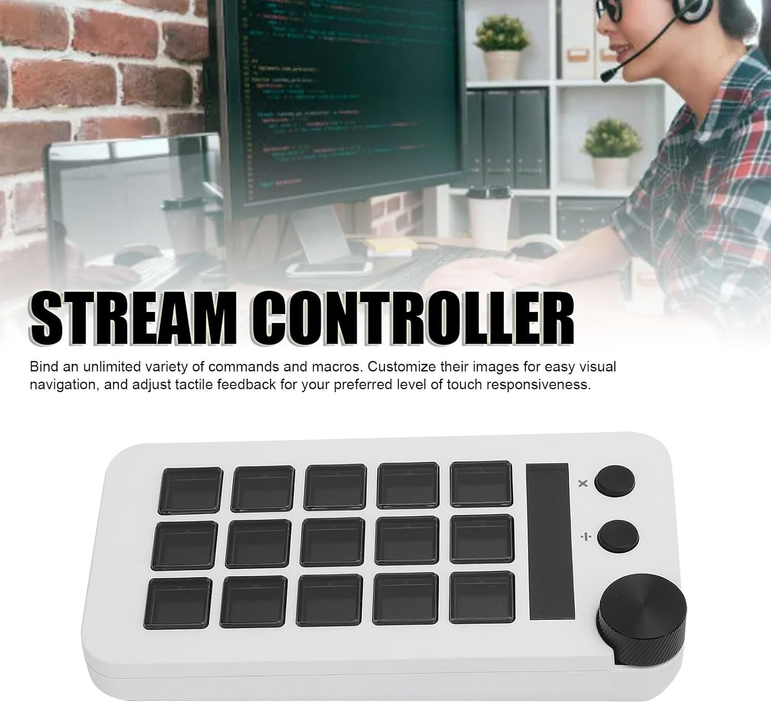 15 Macro Keys Stream Controller with Knob, Customizable Visual Keyboard, Effortlessly Manage Streams Shortcuts for Multiple Programs, Compatible with PC OBS Software (White)