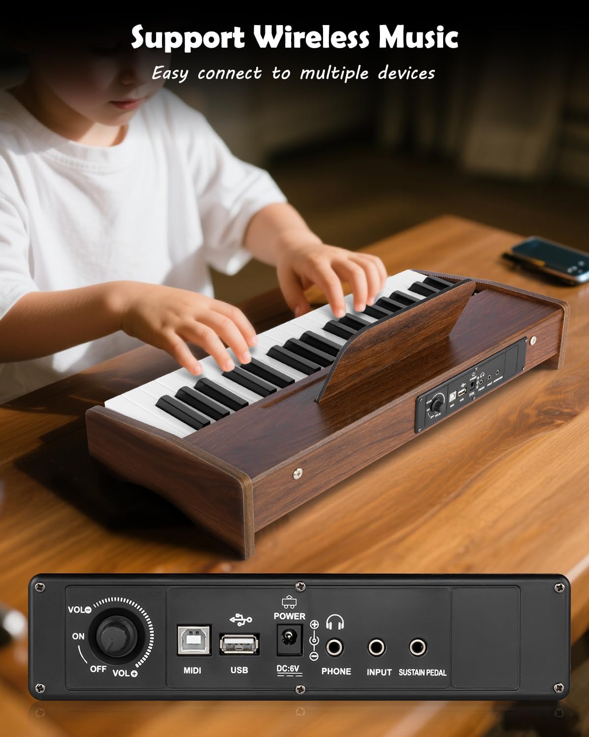 STRICH 37 Keys Kids Piano Keyboard, Mini Digital Piano for Kids, Volume Adjustable, Music Book, Wood Piano for 3+ Girls and Boys, Walnut Color, SEK-37