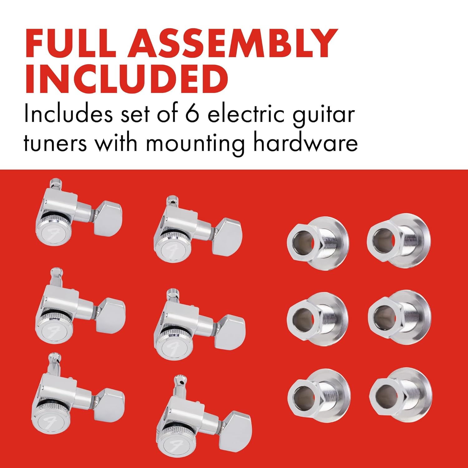 Fender Locking Tuners for Right-Handed Electric Guitar, Stratocaster and Telecaster Guitar Tuners, Polished Chrome, Set of 6
