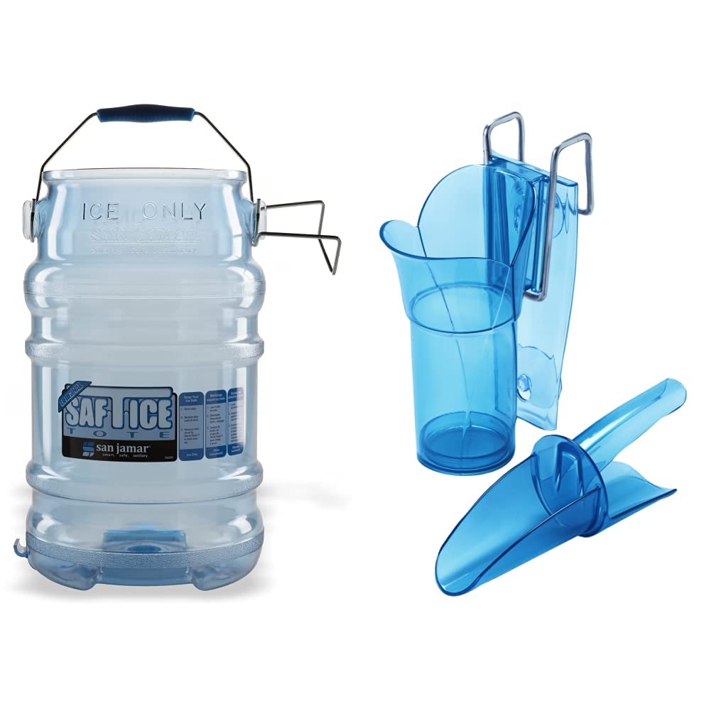 San Jamar Saf-T-Ice Plastic Tote, 6 Gallons, Blue & Carlisle FoodService Products SI5000 Polycarbonate Saf-T-Scoop and Guardian System, 6oz to 10oz, for Bar and Beverage Station, Blue