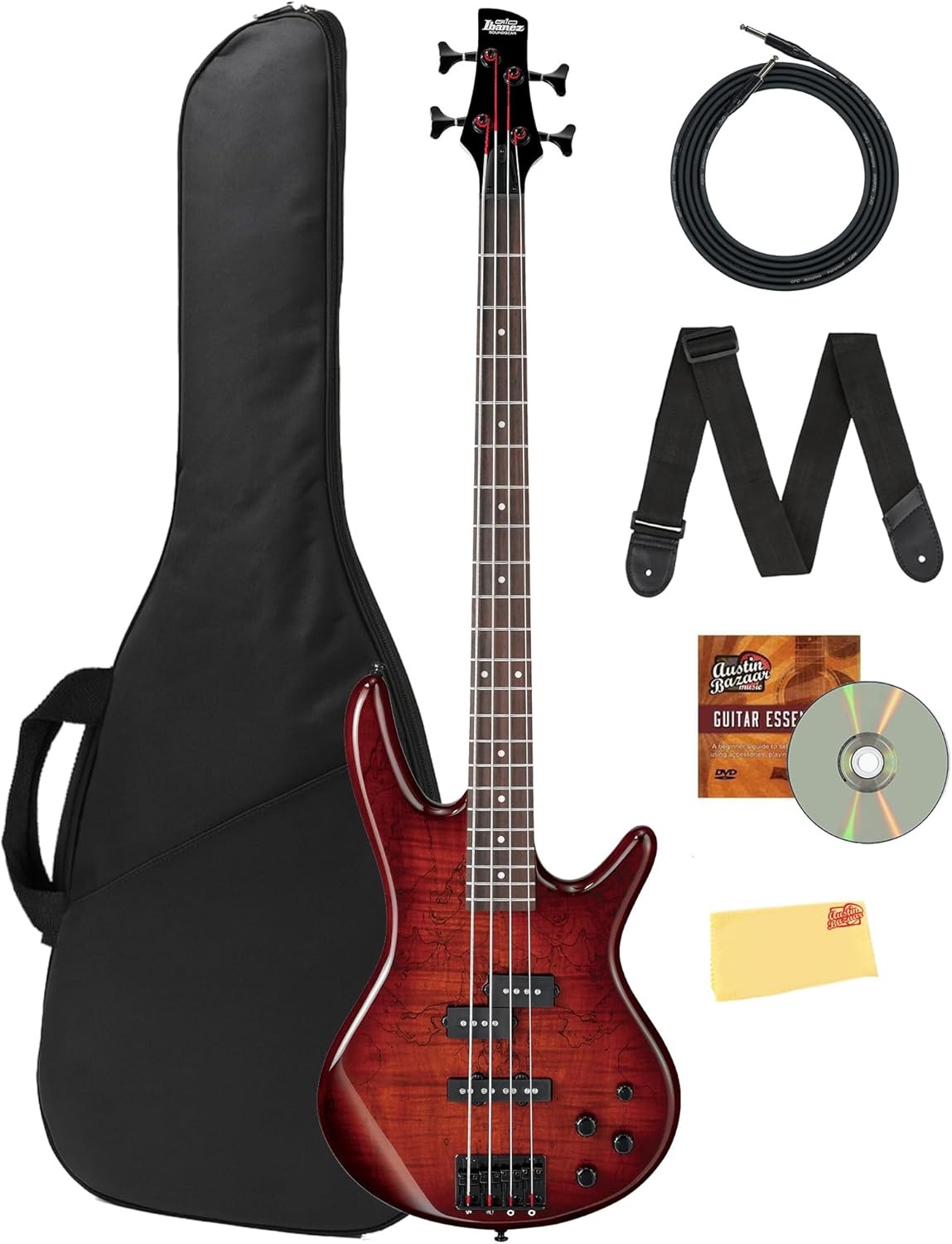 Ibanez GSR200SM SR GIO Electric Bass - Charcoal Brown Burst Bundle with Gig Bag, Strap, Cable, Austin Bazaar Instructional DVD, and Polishing Cloth