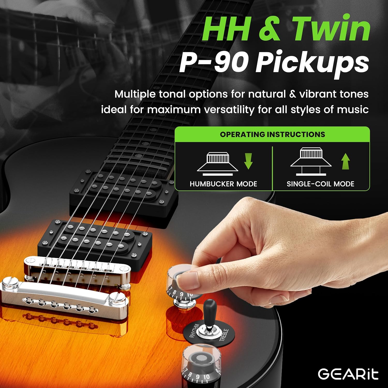 GEARit 39 Inch Full Size Electric Guitar Bundle w/Amplifier, H-H Pickups with Coil Split, Starter Kit with Tuner, Gig Bag, Strap, Cable, Picks, Strings - GI-155 Valley Series, Tobacco Burst