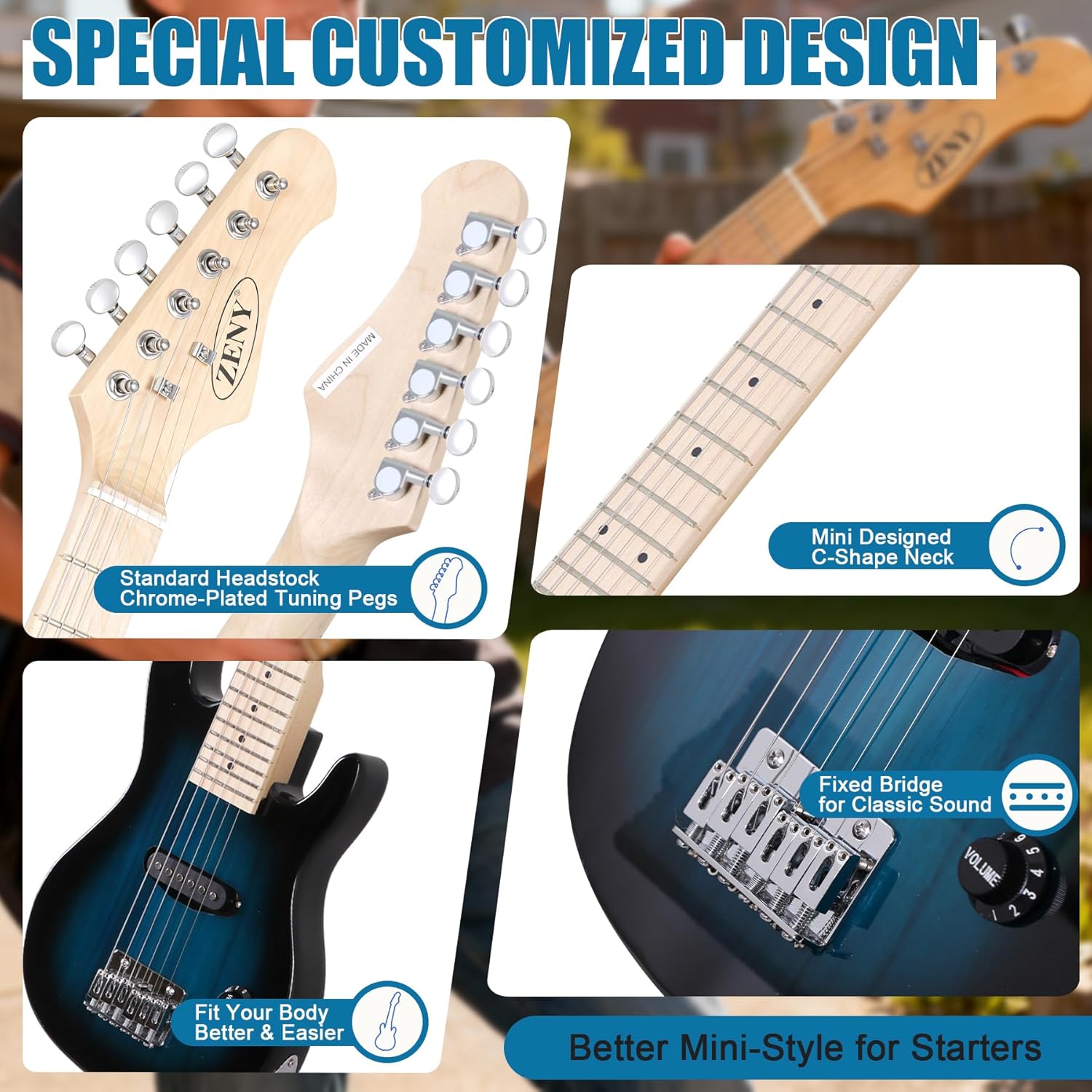 HomGarden 30 Inch Kid Electric Guitar, Beginner Starter Guitar Kit w/ 5w Amplifier, Strap, Gig Bag, Strings, Picks (Blue)