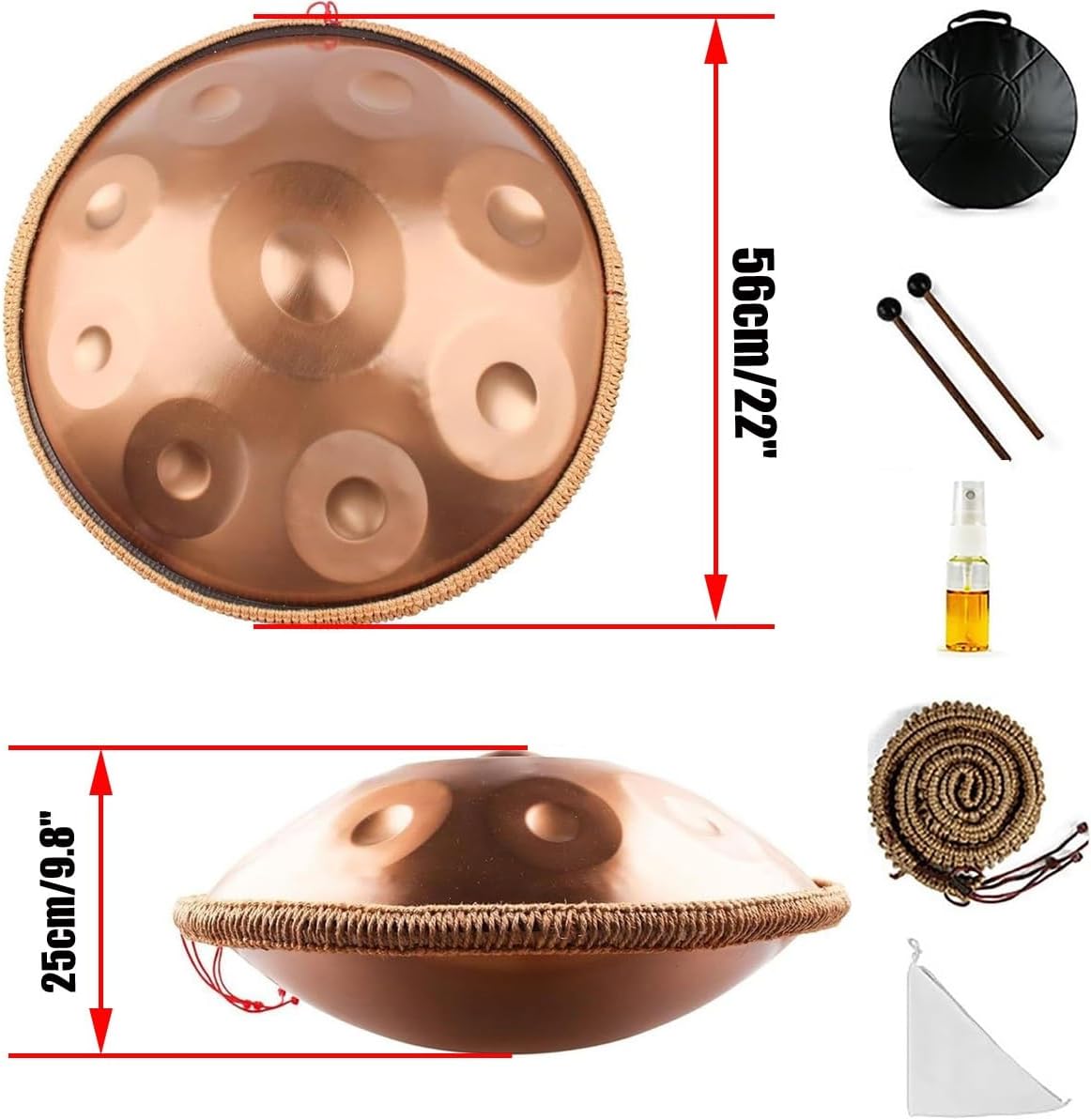 Steel Handpan D Minor Kurd 440Hz 432hz 9/10/12 Notes 22 Inch Handpan Drum Instrument Harmonic Percussion for Sound Healing, Personal Meditation, Yoga(Black,440HZ/12Note)