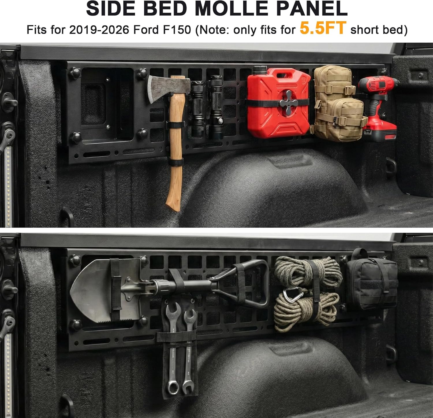 Side Truck Bed Molle Panel Rack System Compatible with 2019-2026 Ford F150 Only 5.5ft Bed Accessories, Truck Storage Organizer Tools Rack, Rear Cargo Shelf Replacement, Truck Bed Organizer & Storage