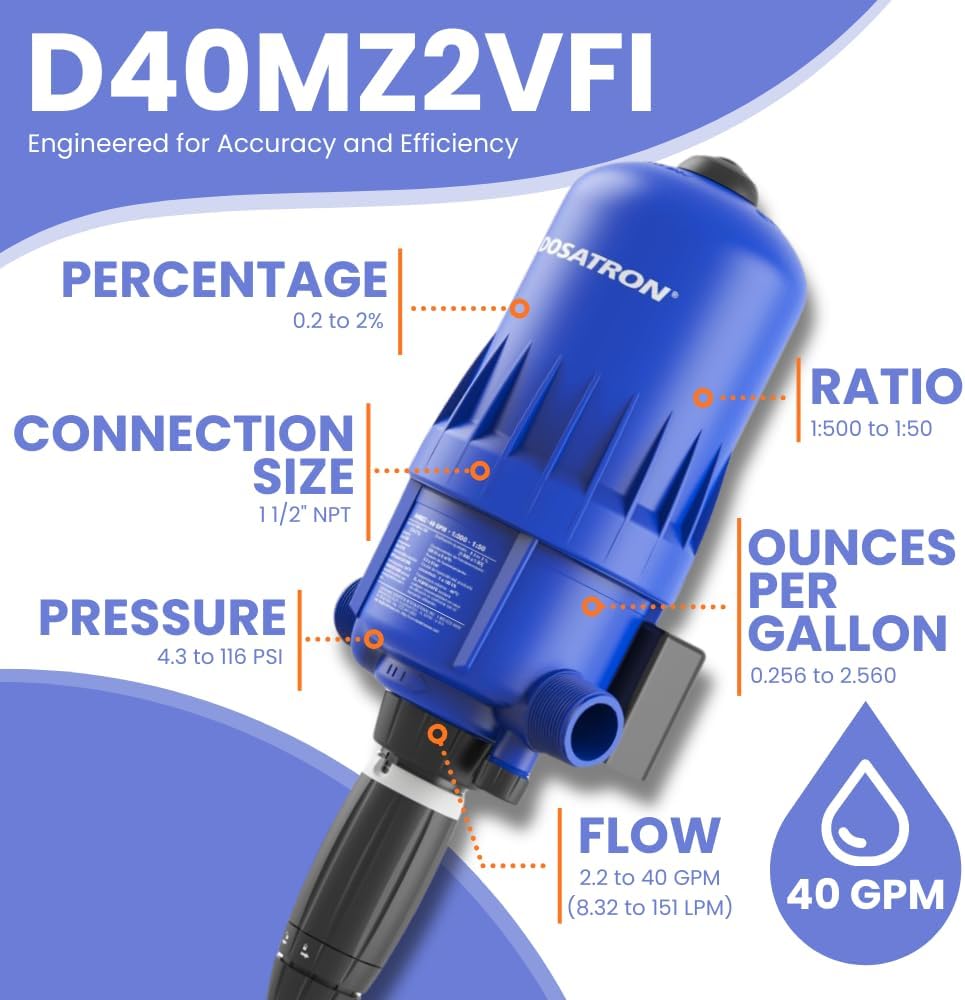 DOSATRON D40MZ2 D40MZ2VFII Water-Powered Chemical Injector Dosing Pump | 40 GPM | 0.2%-2% Dilution | 2.2-40 GPM Flow Range | 1 1/2