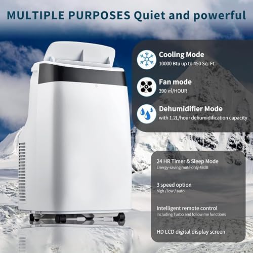 GAOMON Portable Air Conditioners 10000 Btus, Portable AC Units for Rooms up to 500 Sq. Ft, Equipped with Dual Motors, Remote Control, 24H Timer, Follow Me Function, Window Vent kit, Sleep Mode