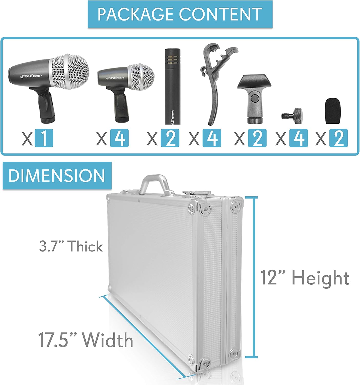 Pyle 7-Piece Wired Dynamic Kit-Kick Bass, Tom/Snare & Cymbals Microphone Set-for Drums, Vocal, & Other Instrument-Complete with Thread Clip, Inserts, Mics Holder & Case, Black