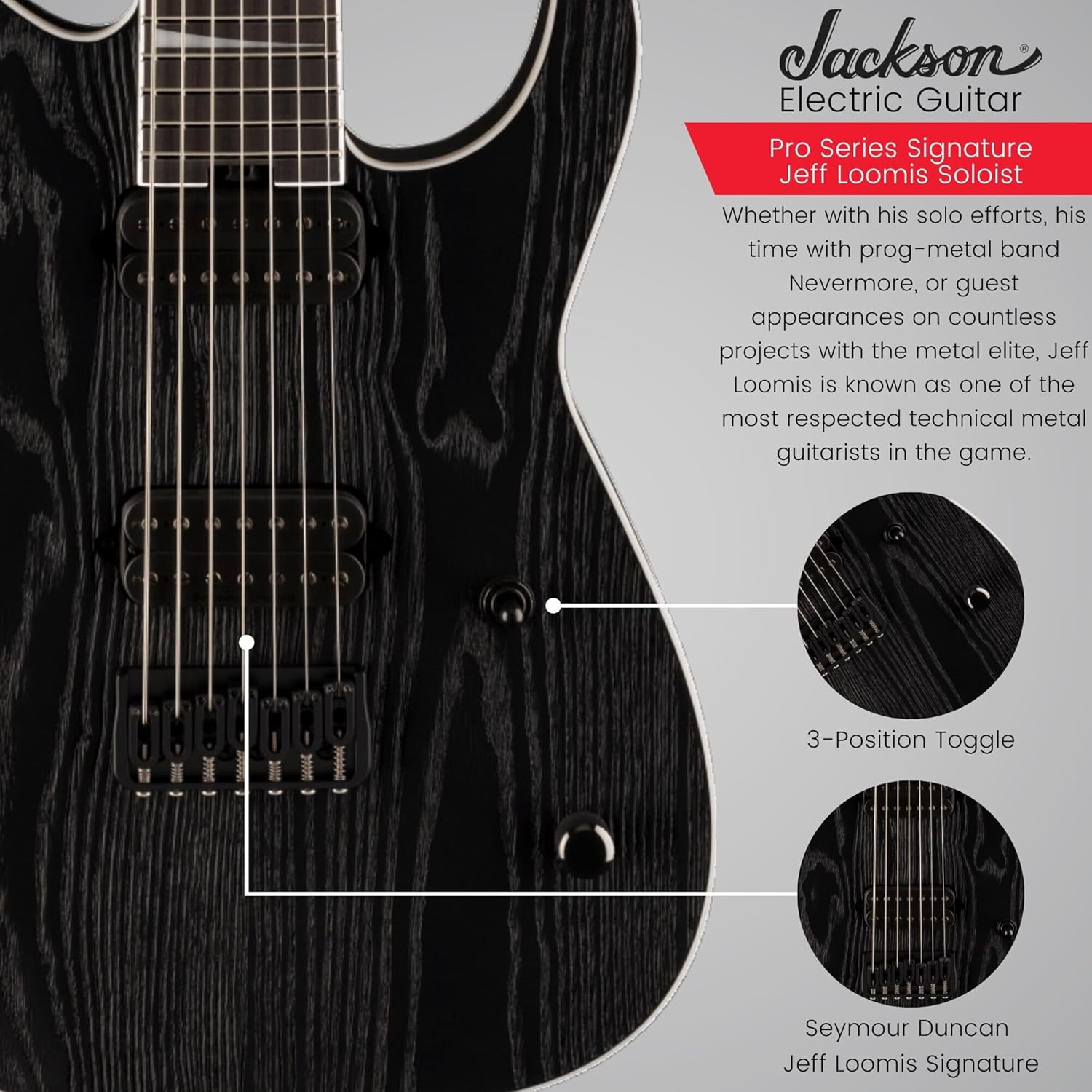 Jackson Pro Series Signature Jeff Loomis Soloist SL7 HT 7-String Electric Guitar with Ebony Fingerboard (Black Ash) Bundle with Jackson Heavy Duty and Secure Molded Case (Black) (2 Items)