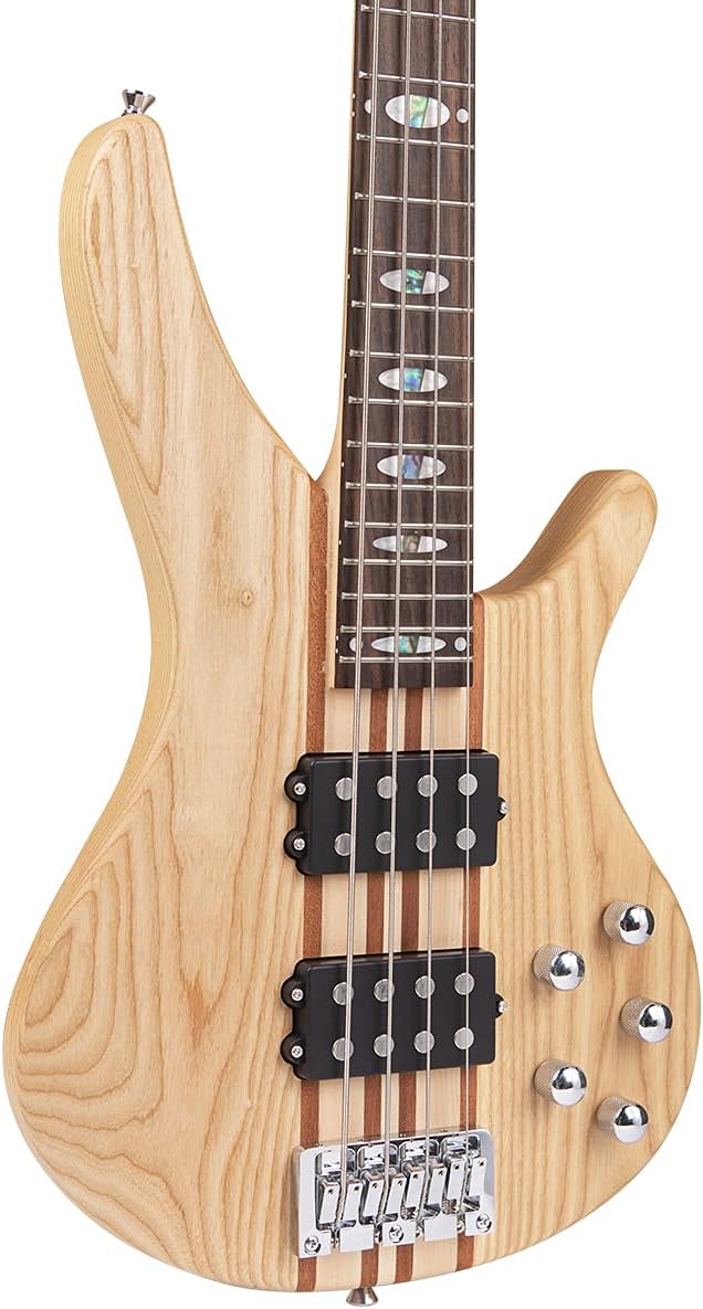 Bullfighter Elem Electric Bass Guitar Through Body 4/5 Strings Full Size P Bass Beginner Kit Black for Starter with Gig Bag, Guitar Strap, and Bass Guitar Cable DBS Series (wood-4string)