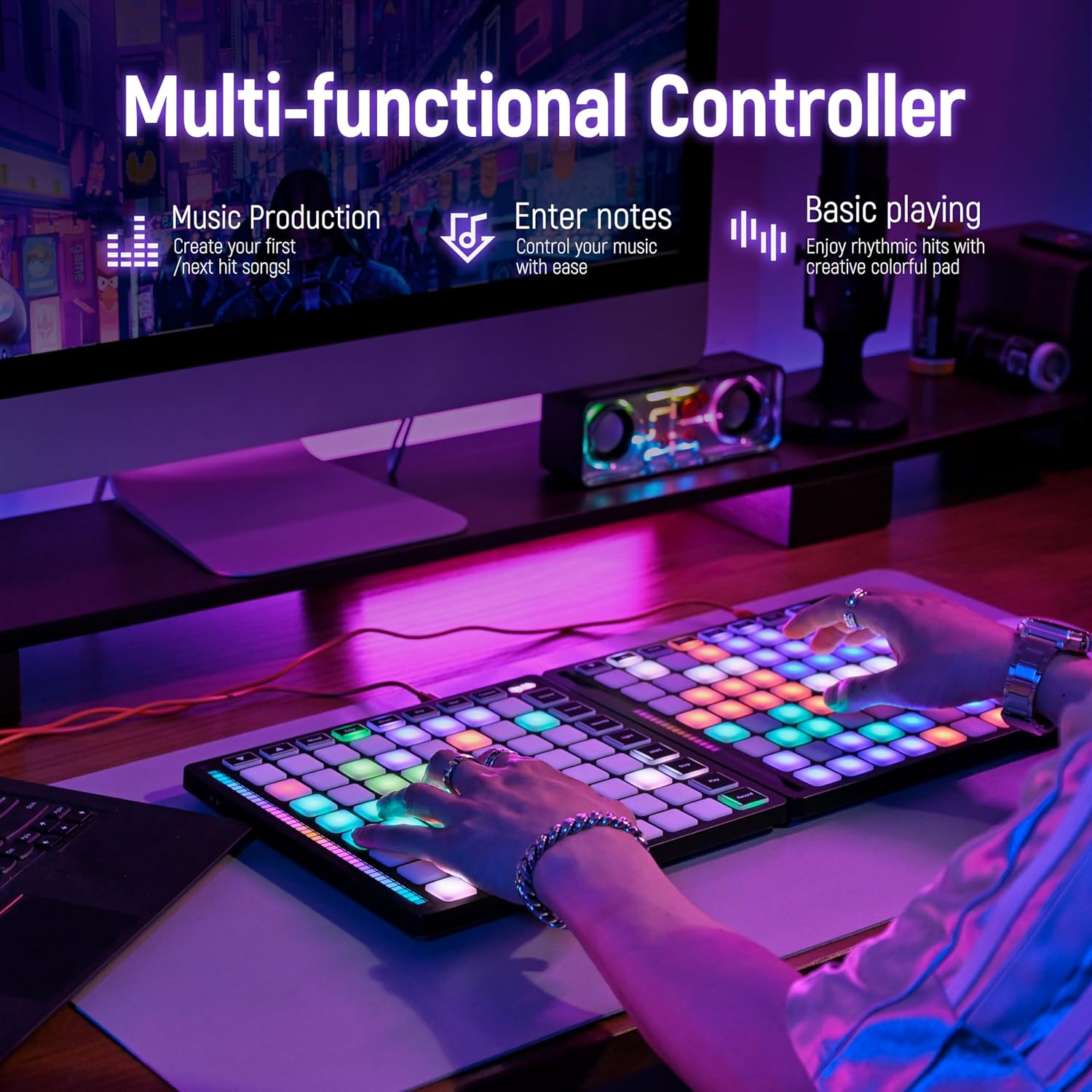 Synido Wireless Audio Interface Live Sound Card and MIDI Pad Beat Maker Machine with 64 Velocity Sensitive RGB Pads