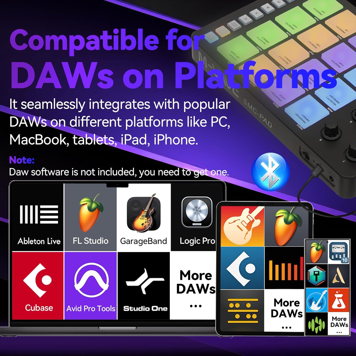 Bluetooth Beat Maker Machine - Portable M-Wave MIDI Controller Drum Pad Keyboard, Studio Equipment for Recording Music at Home (SMC-PAD Pocket with Type-C Lightning Adapter)