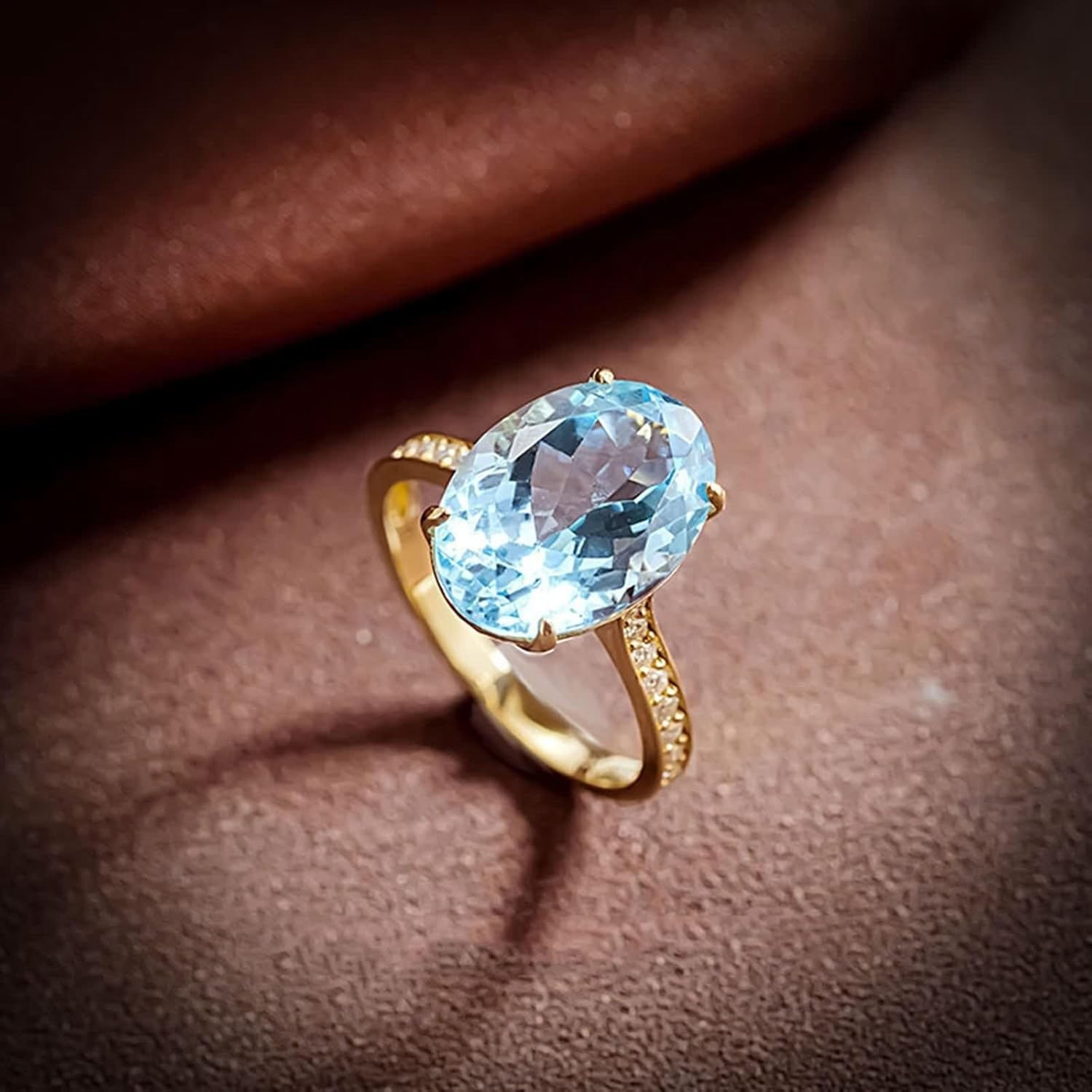 18K Yellow Gold Rings, Womens Wedding Band Topaz 4 Claws Yellow Gold Ring with Diamond for Engagement