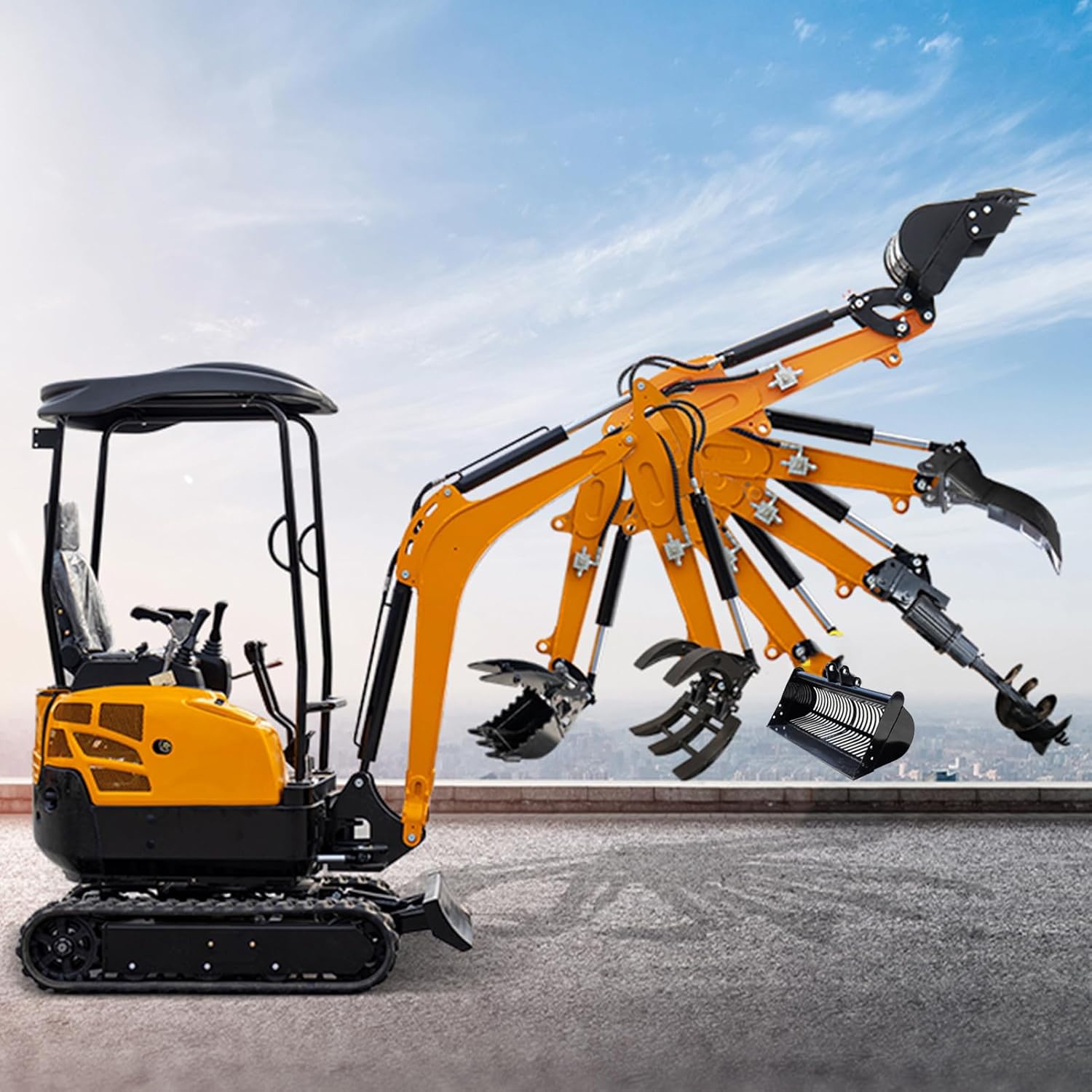 USA Stock Mini Excavator Attachments with Narrow Bucket, Ripper, Rake Auger, Grapple, Quick Hitch, Screening Bucket Total 8pcs Excavator Accessories Kit