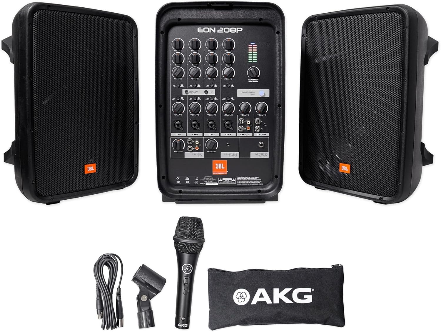 JBL Professional EON208P Portable All-in-One Dual Speaker, 2-way PA System with AKG Vocal Microphone, 8-Channel Mixer and Bluetooth, Black