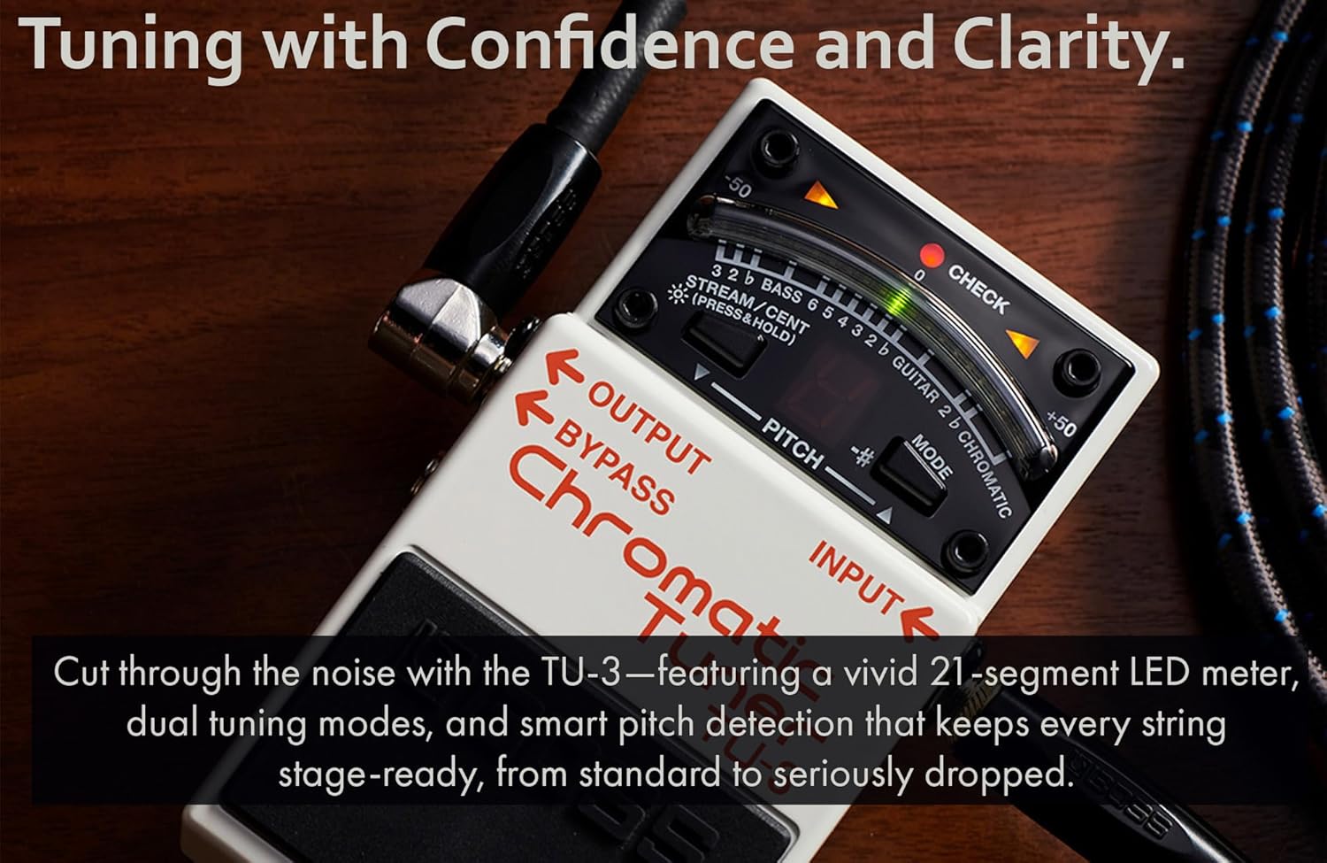 Boss TU-3 Chromatic Tuner Pedal - Bundle with Gearlux Instrument Cable, Patch Cable, and Picks
