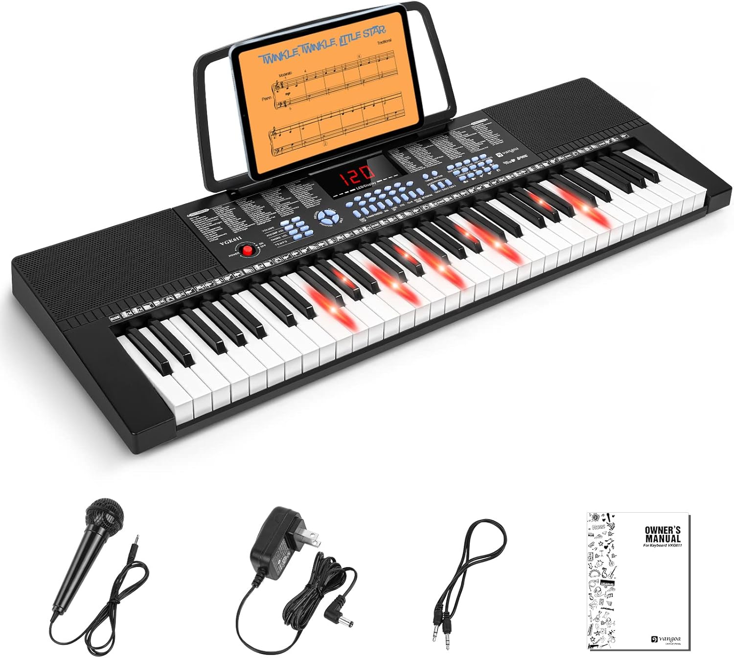 Vangoa 61-Key Light-Up Keyboard Piano for Beginners, 350 Tones & Timbres, 3 Teaching Modes, With Microphone, Black