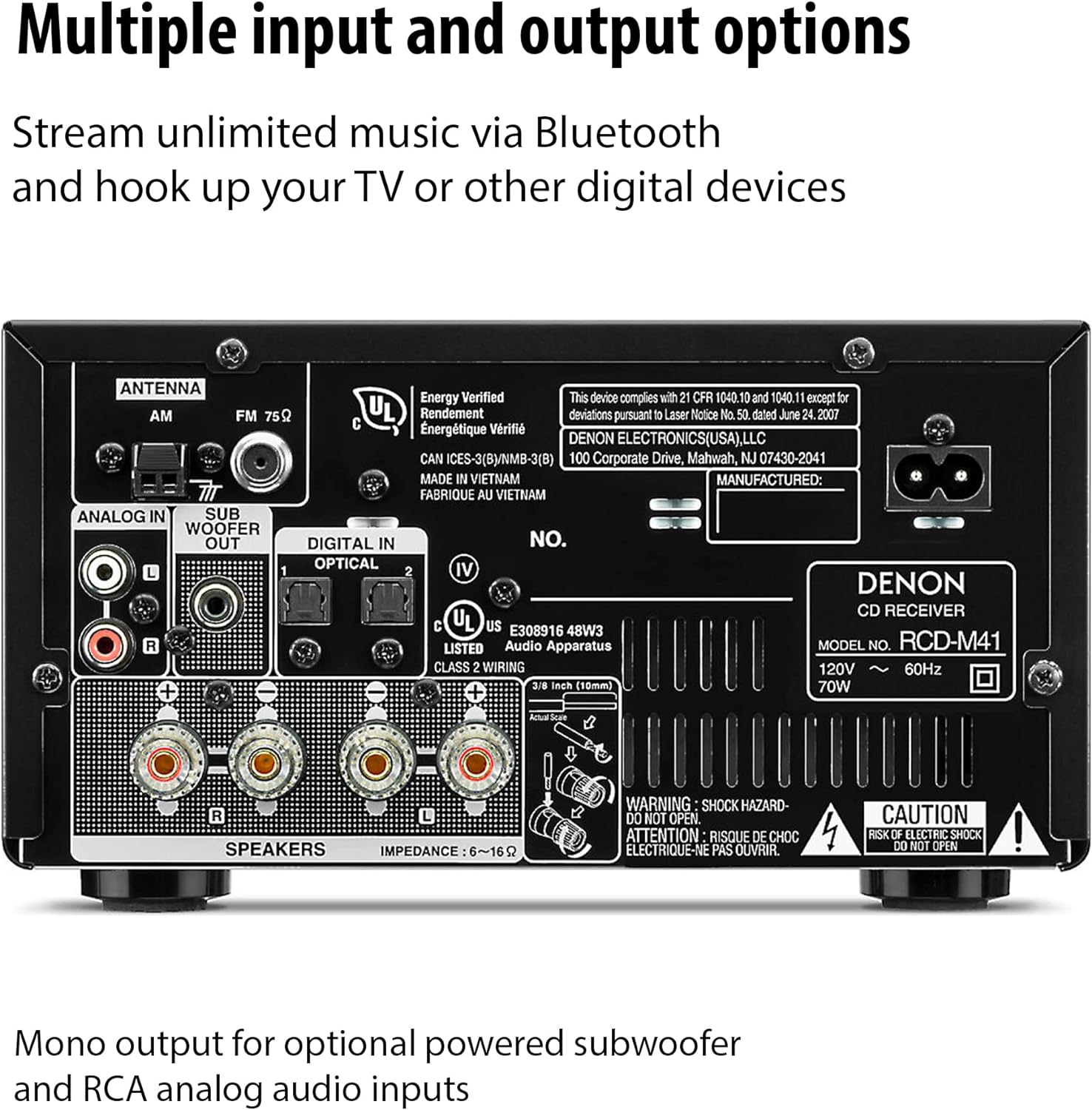 Denon D-M41 Home Theater Mini Amplifier and Bookshelf Speaker Pair - Compact HiFi CD Stereo System with Speakers, FM/AM Tuner, Wireless Bluetooth Amplifier | Perfect for Small Rooms and Home Cinema