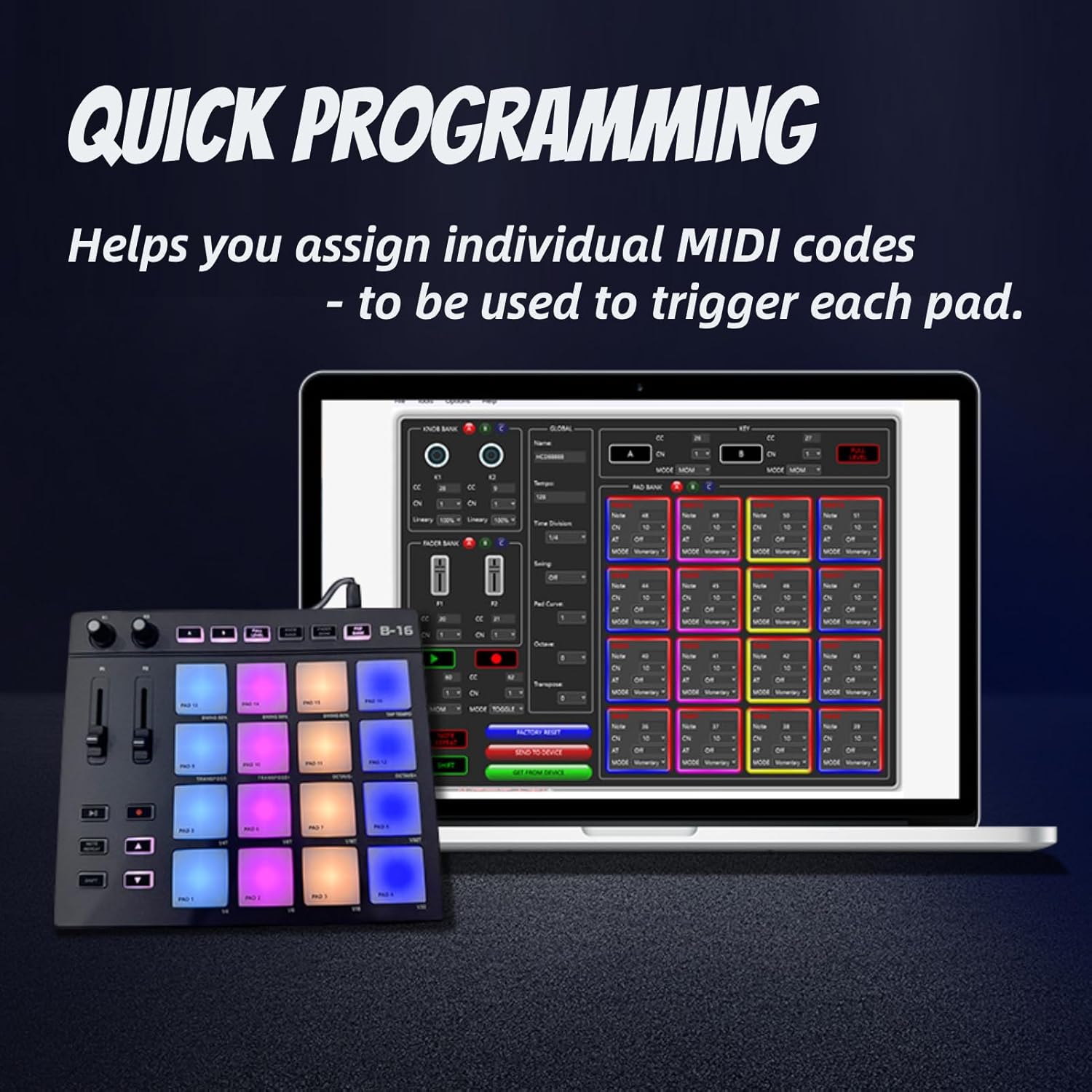MIDI Controller Strike Pad, USB MIDI Controller Low Latency Drum Machine with 16 Beat Pads RGB Backlight 2 Assignable Fader Knobs for Melodic Samples Music Production