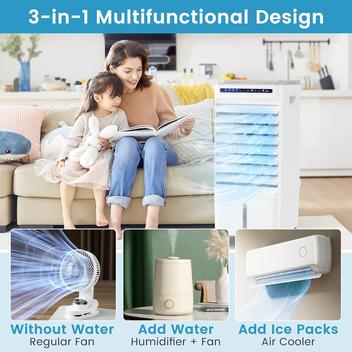 KOTEK Evaporative Air Cooler, 3-In-1 AC Fan with Humidifier, 3 Modes, 3 Speeds, 7H Timer & 1.6 Gal Water Tank, Remote Control, Led Display, Fast Cooling Air Cooling Fan for Home & Office