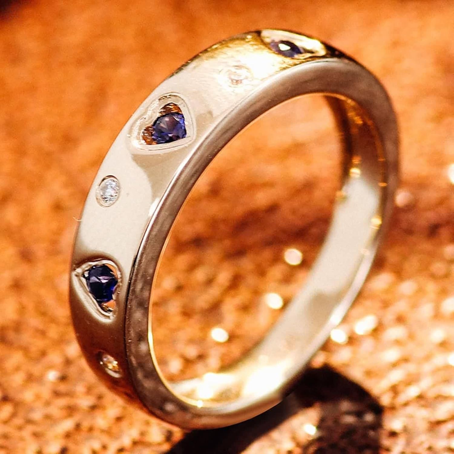 Heart Engagement Rings for Women, Promise Ring Lab Created Sapphire Band Yellow Gold Birthday Gift for Her