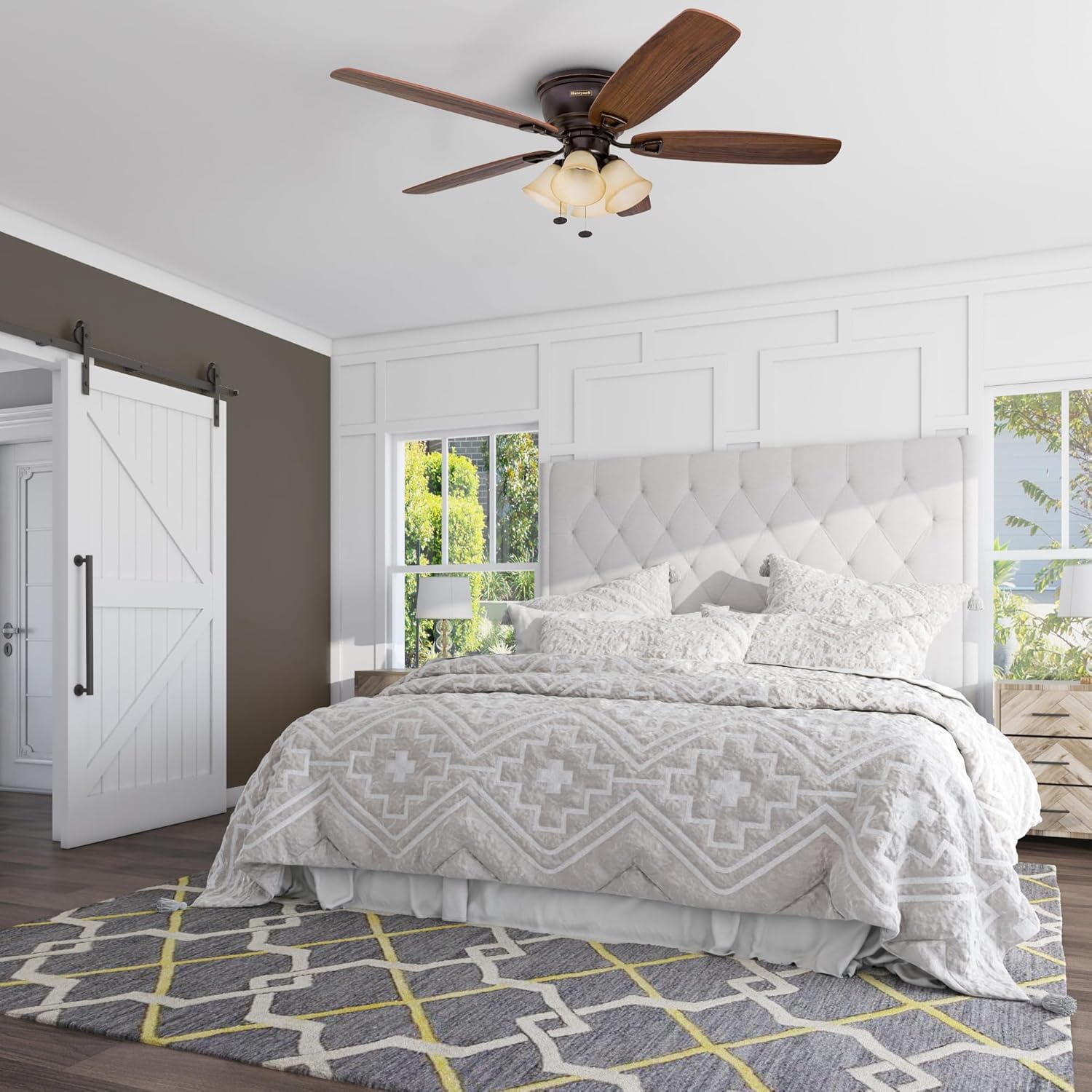 Honeywell Ceiling Fans Glen Alden, 52 Inch Classic Flush Mount Indoor LED Ceiling Fan with Light, Pull Chain, Quick-2-Hang Dual Finish Blades, Reversible Motor - 50183 (Oil Rubbed Bronze)