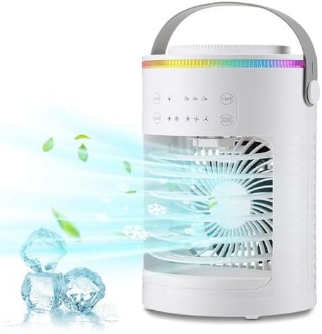 KtEli Portable Air Conditioners, 600ml Evaporative Mini Air Conditioner 3-IN-1 Portable AC Unit, 7 Color Lights Personal Air Conditioner Portable for Room Bedroom Office Camping