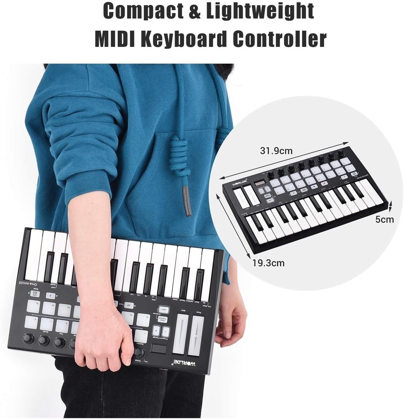 Portable 25-Key USB MIDI Keyboard Controller – 16 RGB Backlit Pads, 8 Assignable Knobs, Velocity-Sensitive Keys for Music Production