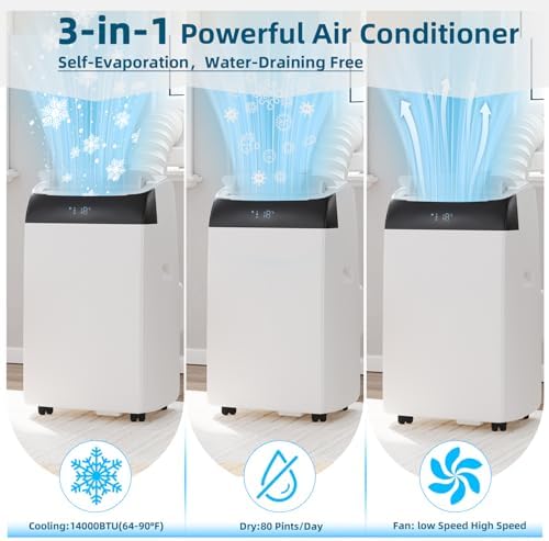 14,000 BTU Portable Air Conditioners, Air Conditioner Portable for Room up to 750 Sq.Ft, 3-in-1 AC Unit with LED Function Display, Dehumidifier & Fan, Installation Kit & Remote Control for Home