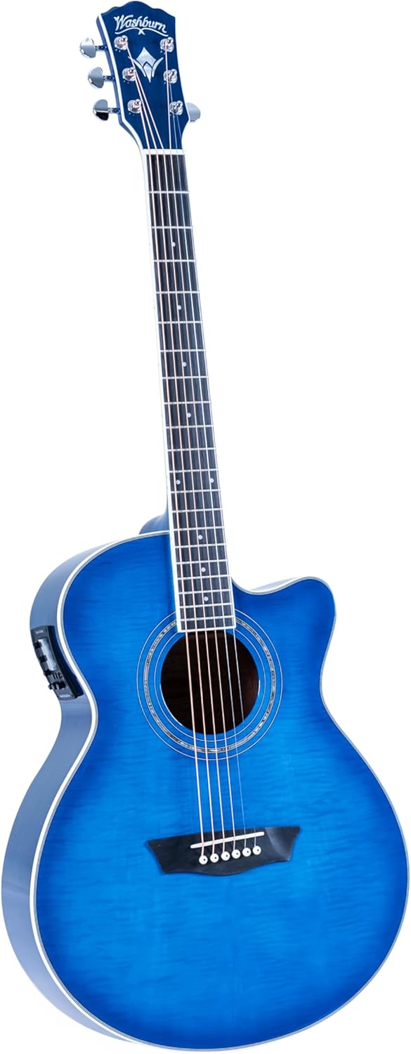 Washburn EA15 Festival Series Mini Jumbo Cutaway Acoustic Electric Guitar, Transparent Blue