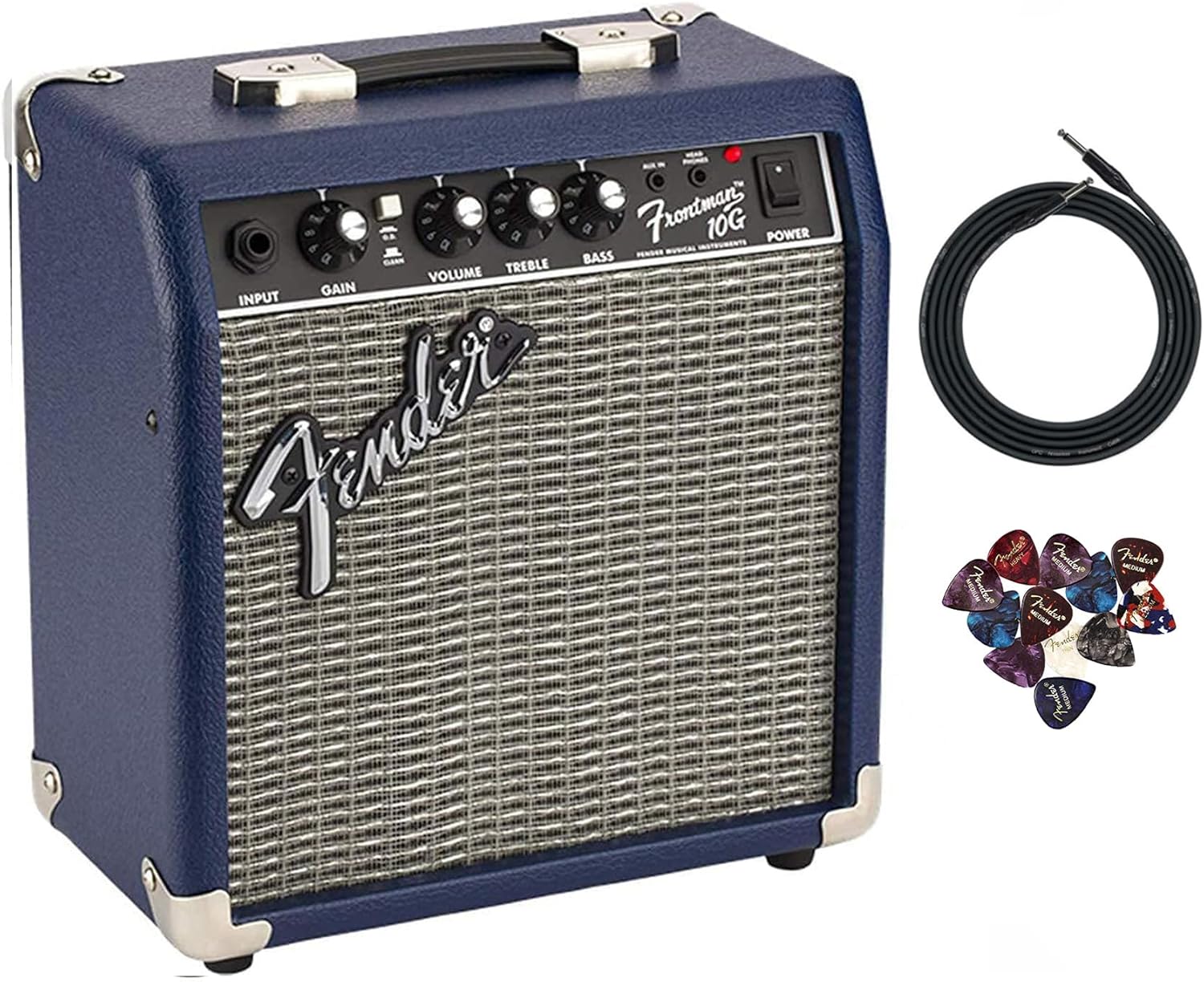 Fender Frontman 10G Guitar Combo Amplifier - Midnight Blue Bundle with Instrument Cable and Picks