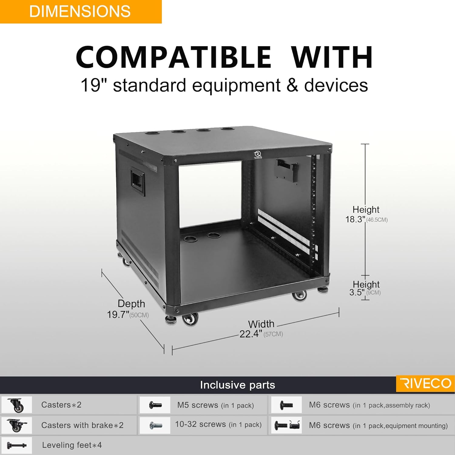 RIVECO 9U Network & Audio Rack with Feet & Wheels, Obtuse Angel Server Rack Cabinet, Rolling Studio Rack Case with Adjustable Depth Rails for 19