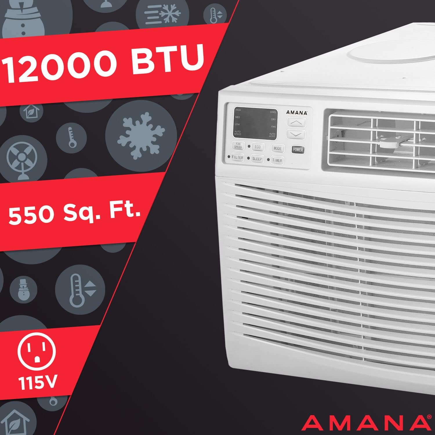 Amana 12,000 BTU Window Air Conditioner, 115V, Cools up to 550 Sq. Ft. for Bedroom, Living Room, Kitchen, with Remote Control, 24H Timer, 3-Speed, Auto-Restart, Digital Display, White