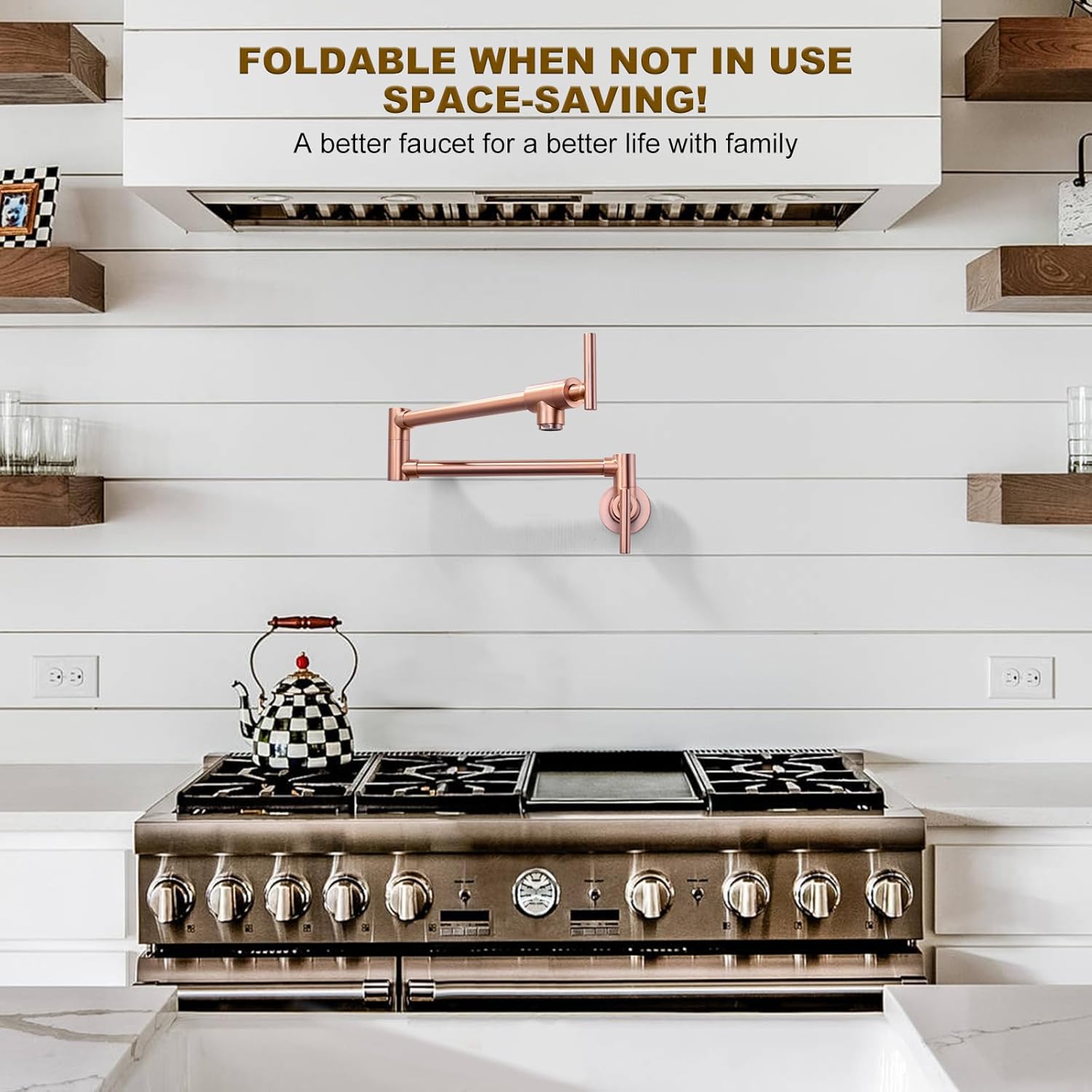 WOWOW Pot Filler Faucet Copper, Brass Pot Filler Wall Mount Kitchen Stove Faucet with Double Joint Swing Arms