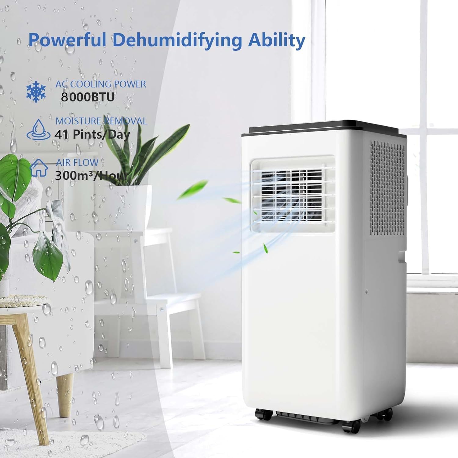 8000 BTU Portable Air Conditioner, 3-In-1 Cool, Fan, Dehumidify Modes, Cools up to 350 sq.ft, Quiet AC Unit with LED Display, with Remote Control, 24 Hour Timer for Room, Dorm, Office
