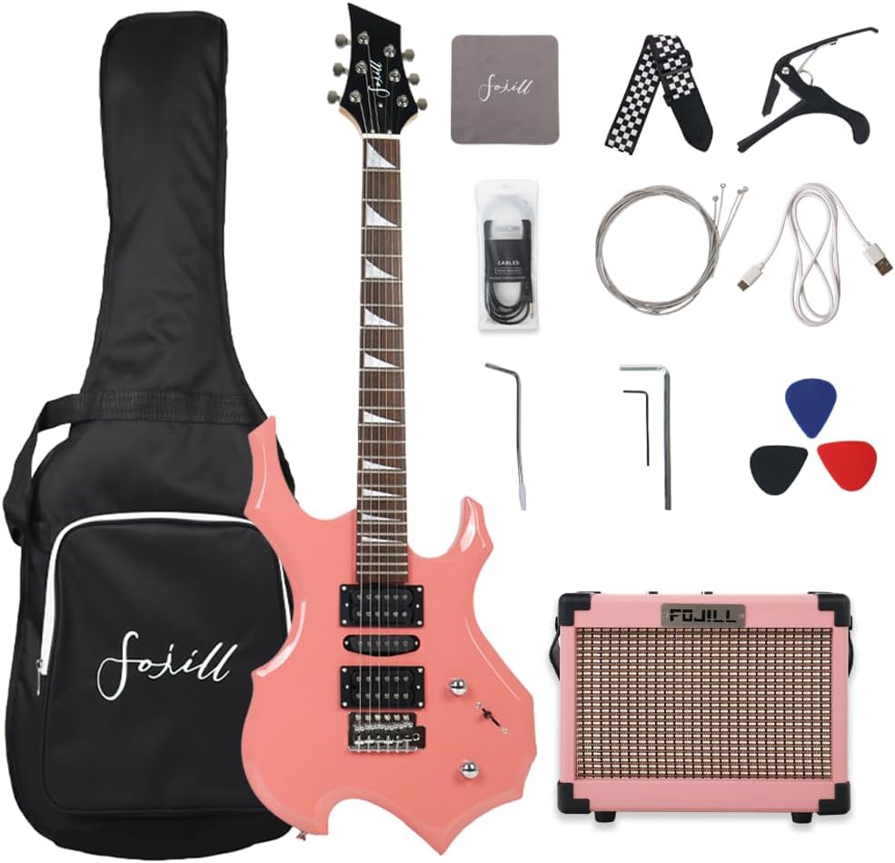 Fojill Heavy Metal Cool Shape Electric Guitar Kit Set Beginner Starter Combo Package Bundle 10W Battery Power Bluetooth Amplifier Amp,Accessory 600D gig Bag,Picks, Cable, Strap, Extra Strings