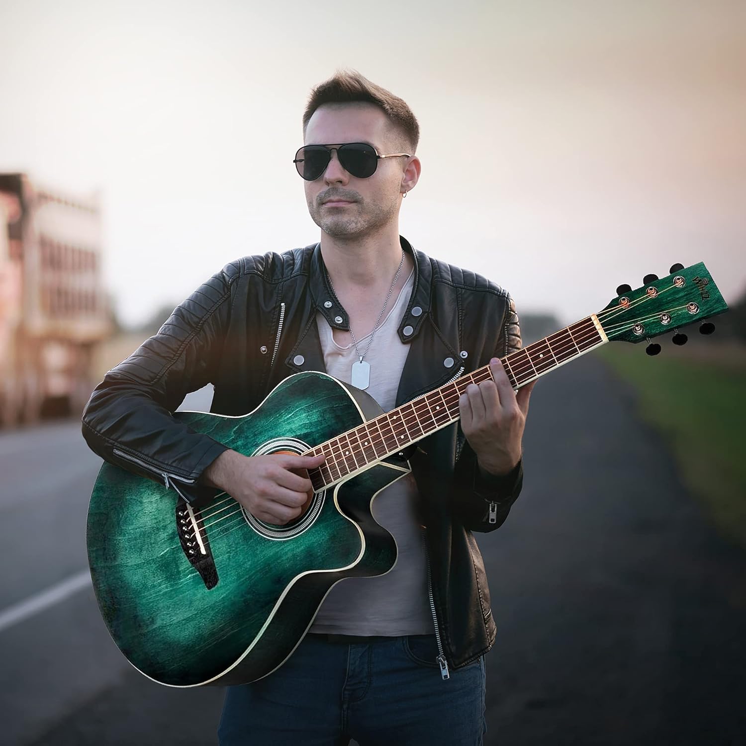 WINZZ HAND RUBBED Series - 40 Inches Cutaway Acoustic Acustica Guitar Beginner Starter Bundle with Online Lessons, Padded Bag, Stand, Tuner, Capo, Guitar Chords, Strap, Picks, Dark Hunter Green