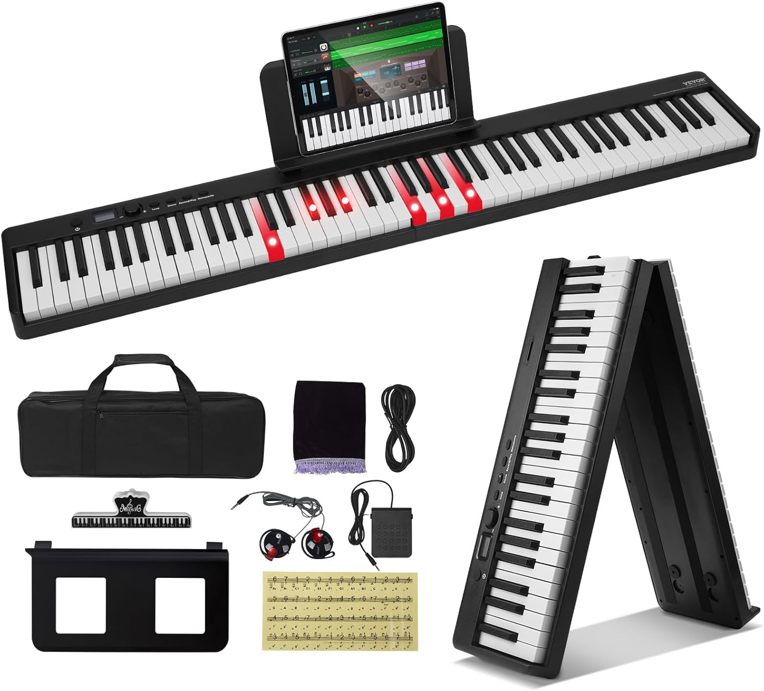 VEVOR 88 Folding Keyboard Bluetooth & MIDI, Portable Electronic Digital Foldable Piano with Sustain Pedal Bag Touch Sensitive Keys Headphones, Rechargeable for Beginners Teens Adults, Black