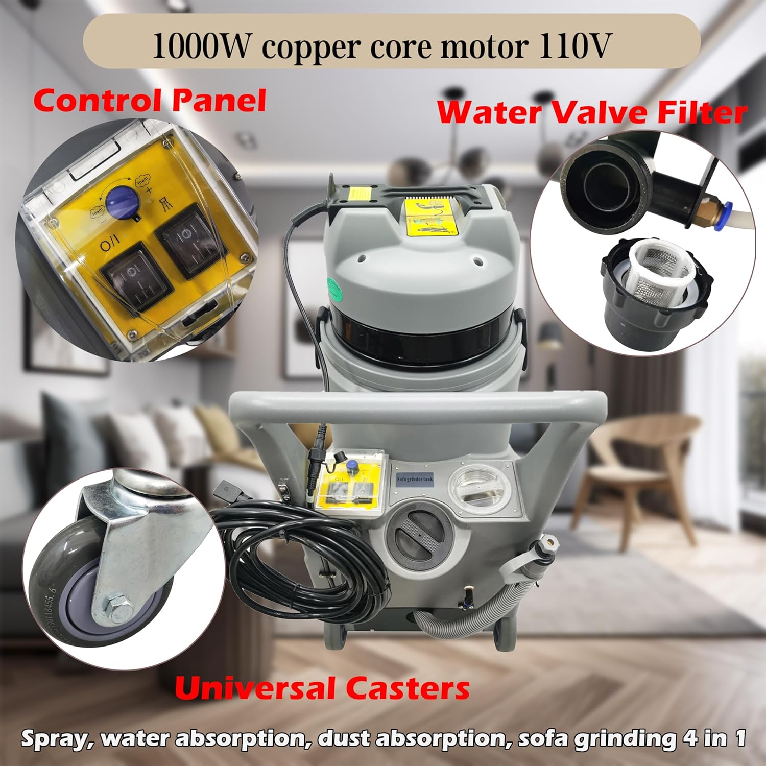 110V Carpet Extractor Machine 7.9gal(30L) Wet Dry Vacuum Cleaner with 3-in-1 Spray/Wash/Dry, With Grinding Head for Home Commercial Use 1000W