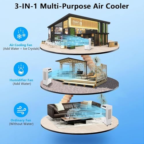 Evaporative Air Cooler, 3000 CFM Swamp Cooler with Remote Control, 10.3 Gallon Large Water Tank, 3 Speed Cooling Fan, 4 Ice Packs, Portable Air Conditioner for Room Garage Commercial
