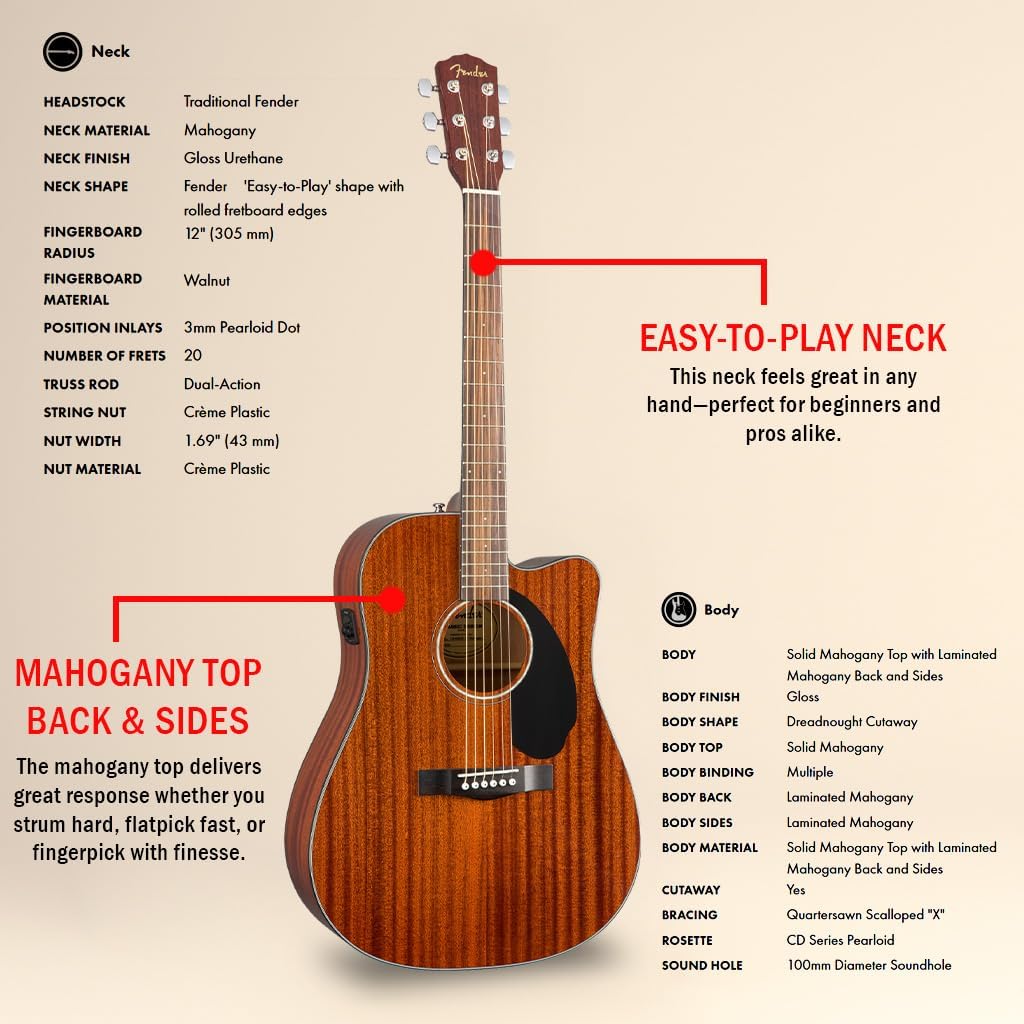 Fender CD-60SCE Solid Top Dreadnought Acoustic-Electric Guitar - All Mahogany Bundle with Gig Bag, Instrument Cable, Tuner, Strap, Strings, Picks, Polishing Cloth and Austin Bazaar Instructional DVD