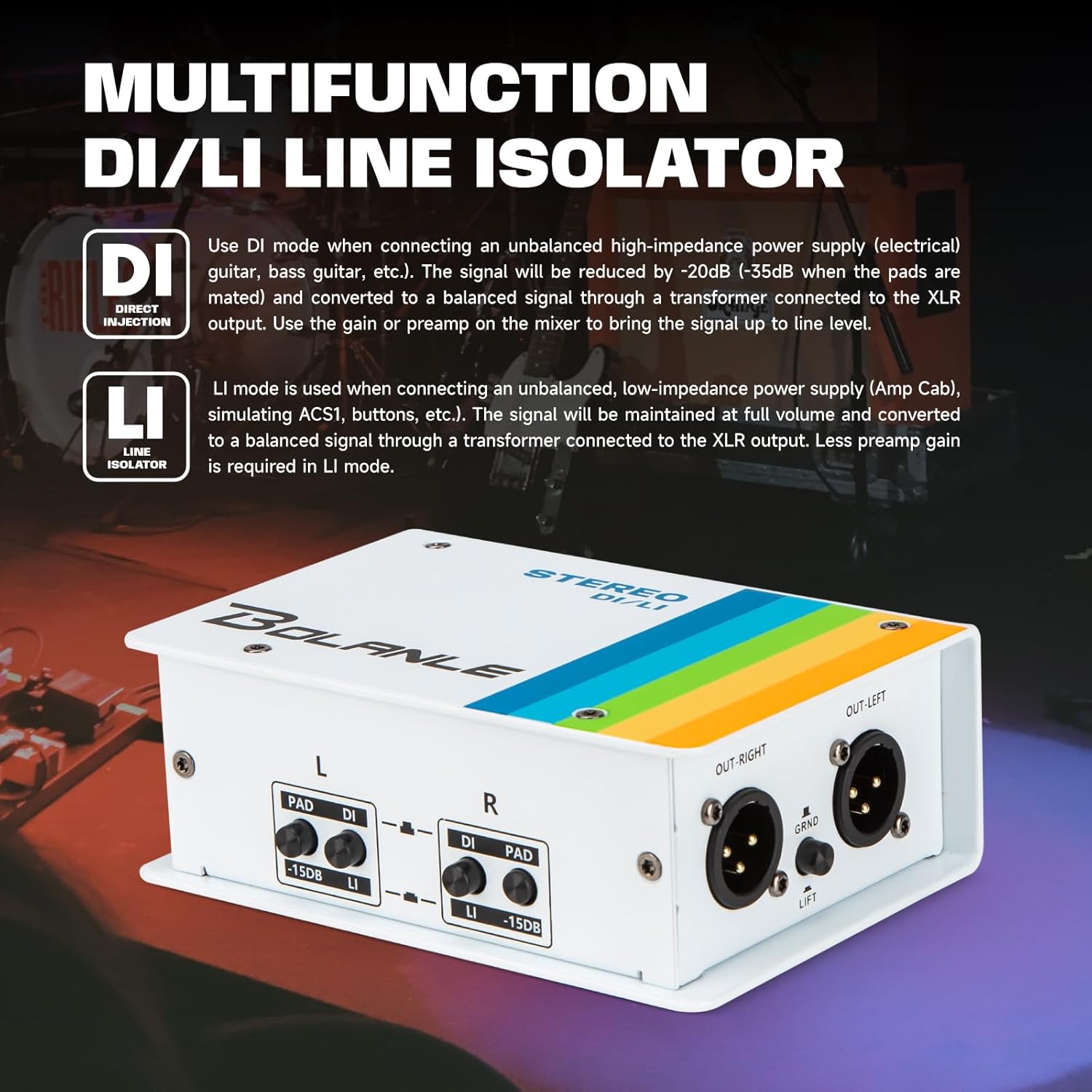 Bolanle Passive Dual Channel Direct Box and Line Isolator DI/LI Switch, Stereo/Mono DI Box for Guitar, Bass, Keyboard, Studio/Stage XLR