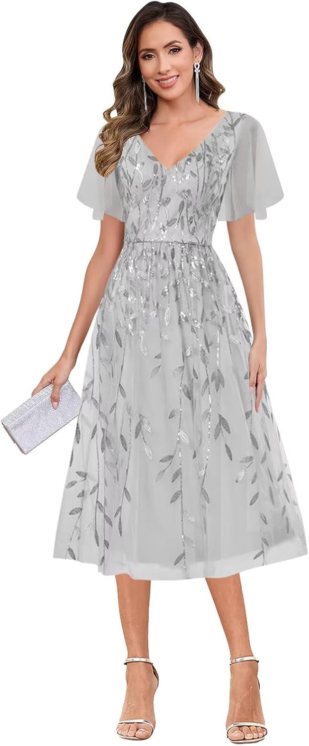 BANTRATIC Women's Mother of The Bride Dress Sequins Tulle Formal Wedding Guest Dresses Elegant Tea Length Evening Prom Gown