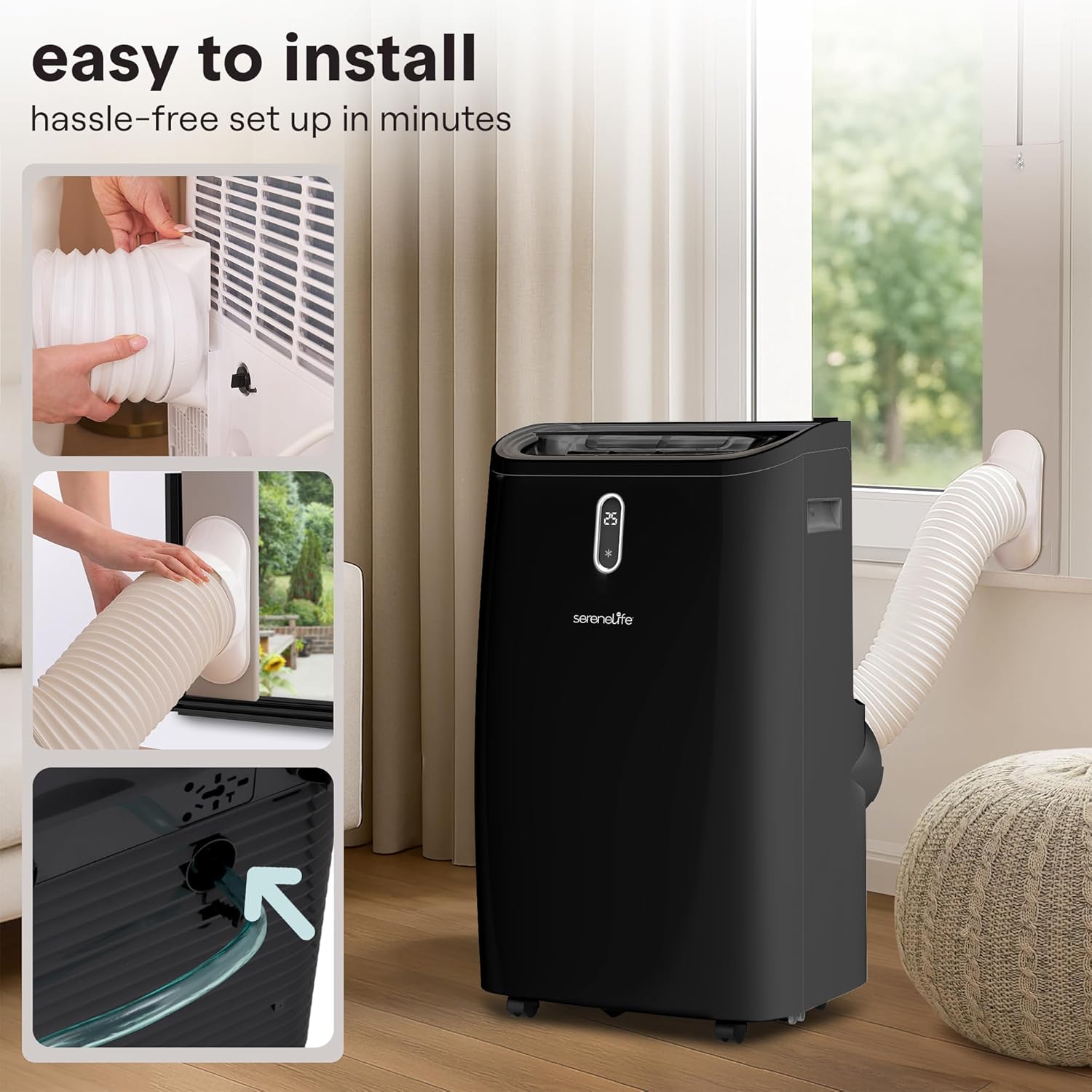 SereneLife Portable Air Conditioner, 12000 BTU Capacity (ASHRAE) Compact Home A/C Cooling Unit with Dehumidifier and Fan Modes, 380 Sq. Ft. Coverage, Includes Window Mount Kit (Black)