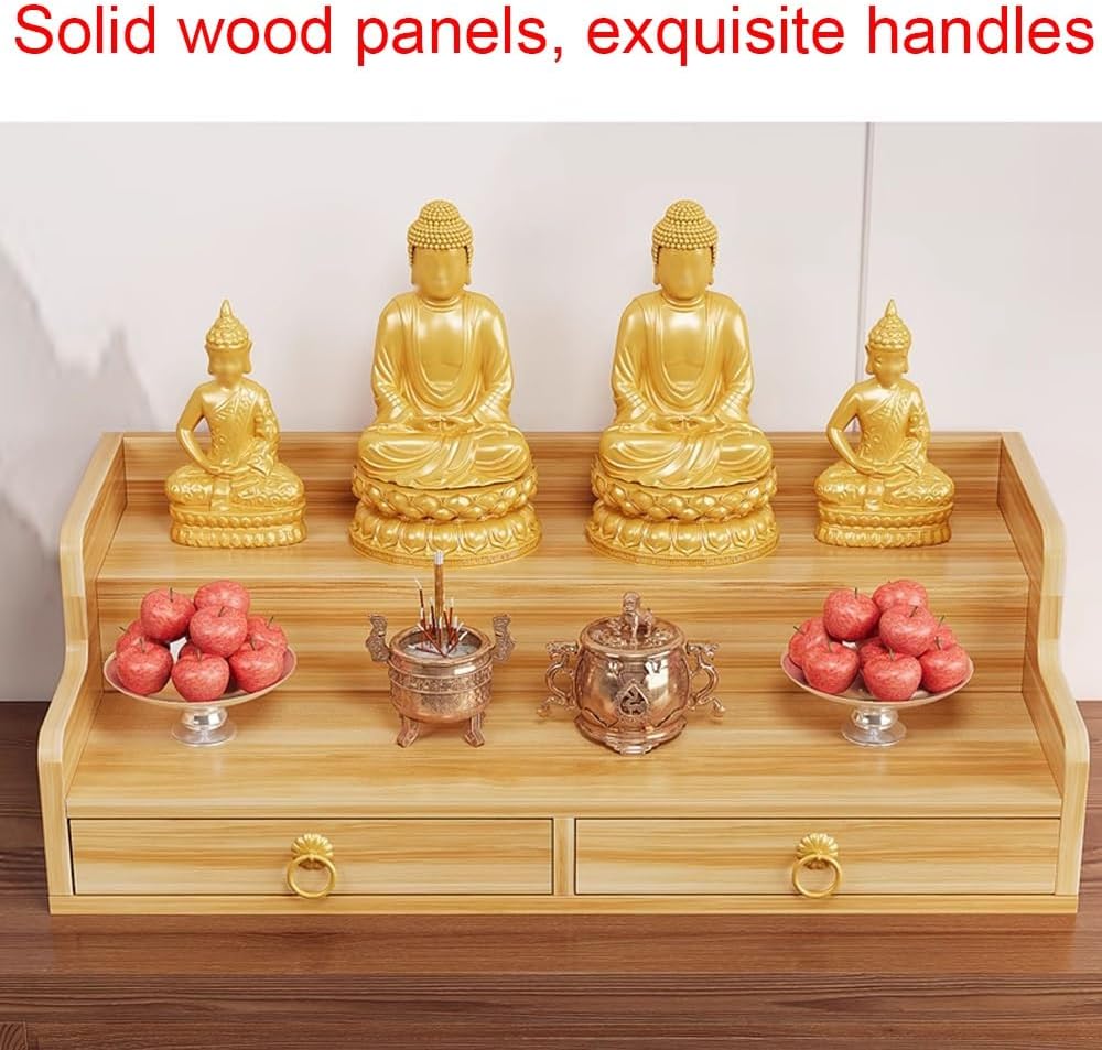 Space-Saving Stepped Buddha Altar Shelf Wall-Mounted/Countertop Sacred Shelf for Buddha Statues & Offerings Wall Cabinet Buddha Cabinet Niche with Drawer(Teak,11.8in)