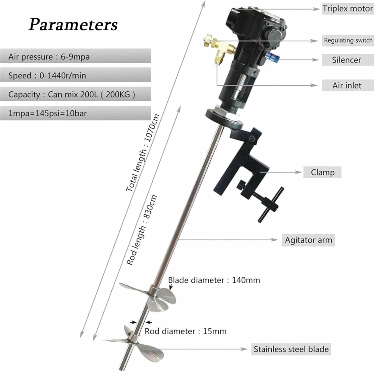 50 Gallon Pneumatic Agitator Clamp Mount Tank Barrel Drum Mixer, IBC Tote Mixer Agitator, Paint Agitator, Paint Mixing Machine-