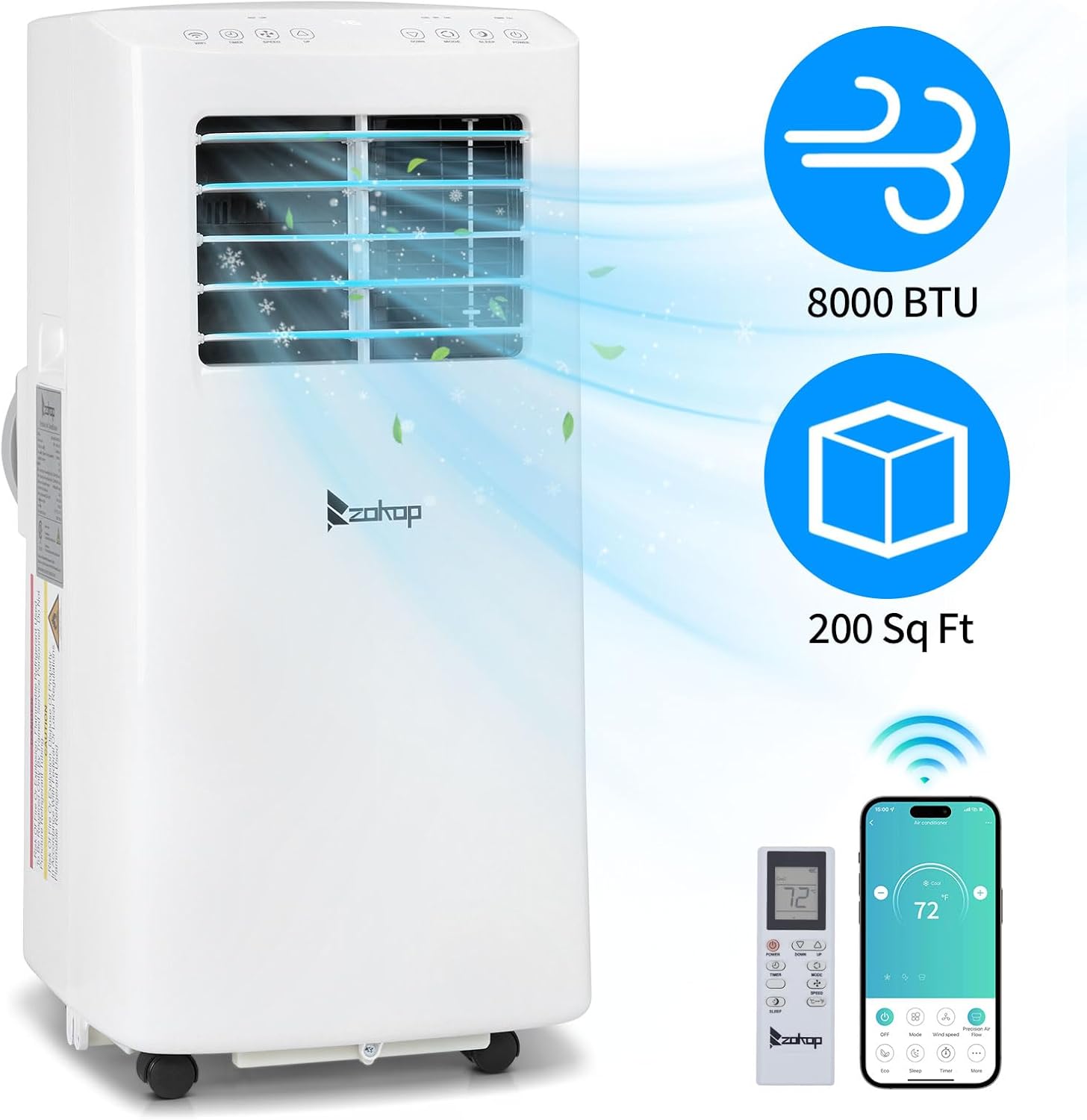 Winado Portable Air Conditioners 8000 BTU for Room Up to 200 Sq.Ft, 3-in-1 WiFi Portable AC Units with Remote Control/24Hrs Timer/Smart Memory, Air Cooler for Garage/Office/Bedroom