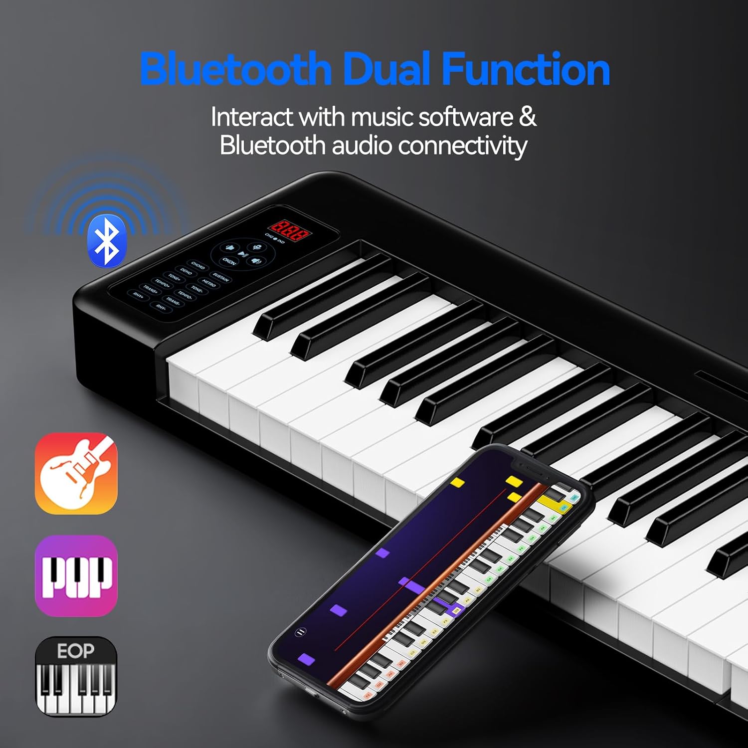 Rhymo Folding Piano Keyboard, 61 Keys Sensitive Electric Piano, Weighted Portable Electric Keyboards with Bluetooth MIDI, Digital Foldable Keyboard for Beginner